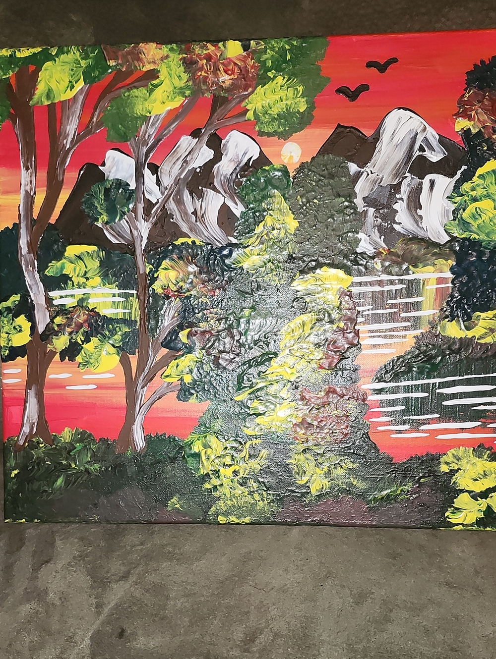 Sunset Landscape Acrylic Painting in Red and Green